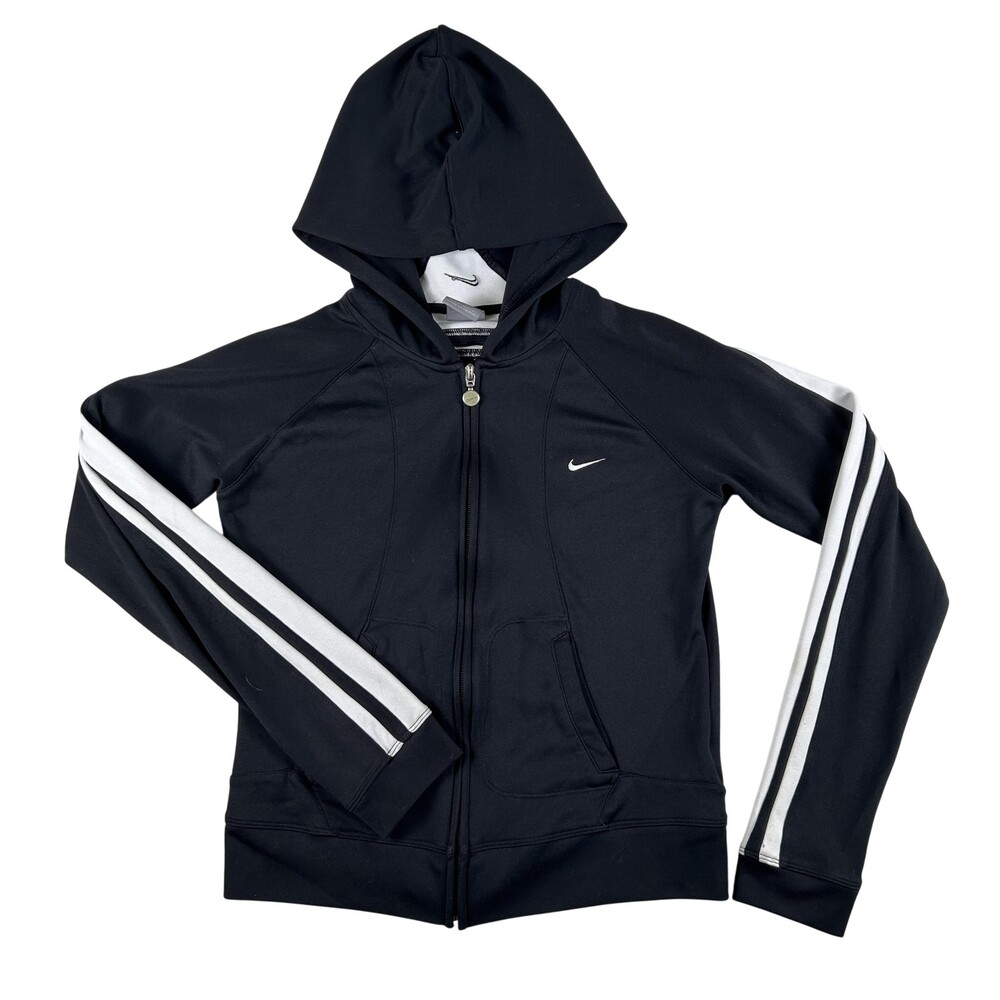 Vintage Nike Track Jacket Womens Small Hooded Full Zip Striped Sleeves Y2K